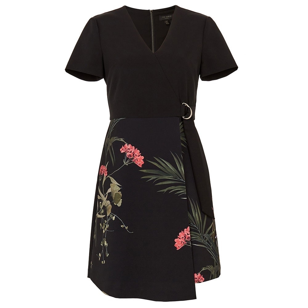 NWT TED BAKER V-Neck Mizalia Highland Black Floral Faux Wrap Dress Size 4